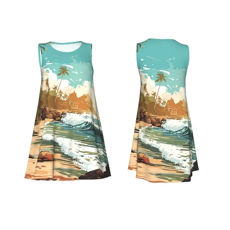 Defioc Coastal Palm Beach Pattern Women's Summer Dresses 2025 Beach Casual Sleeveless Tank Loose ... | Walmart (US)