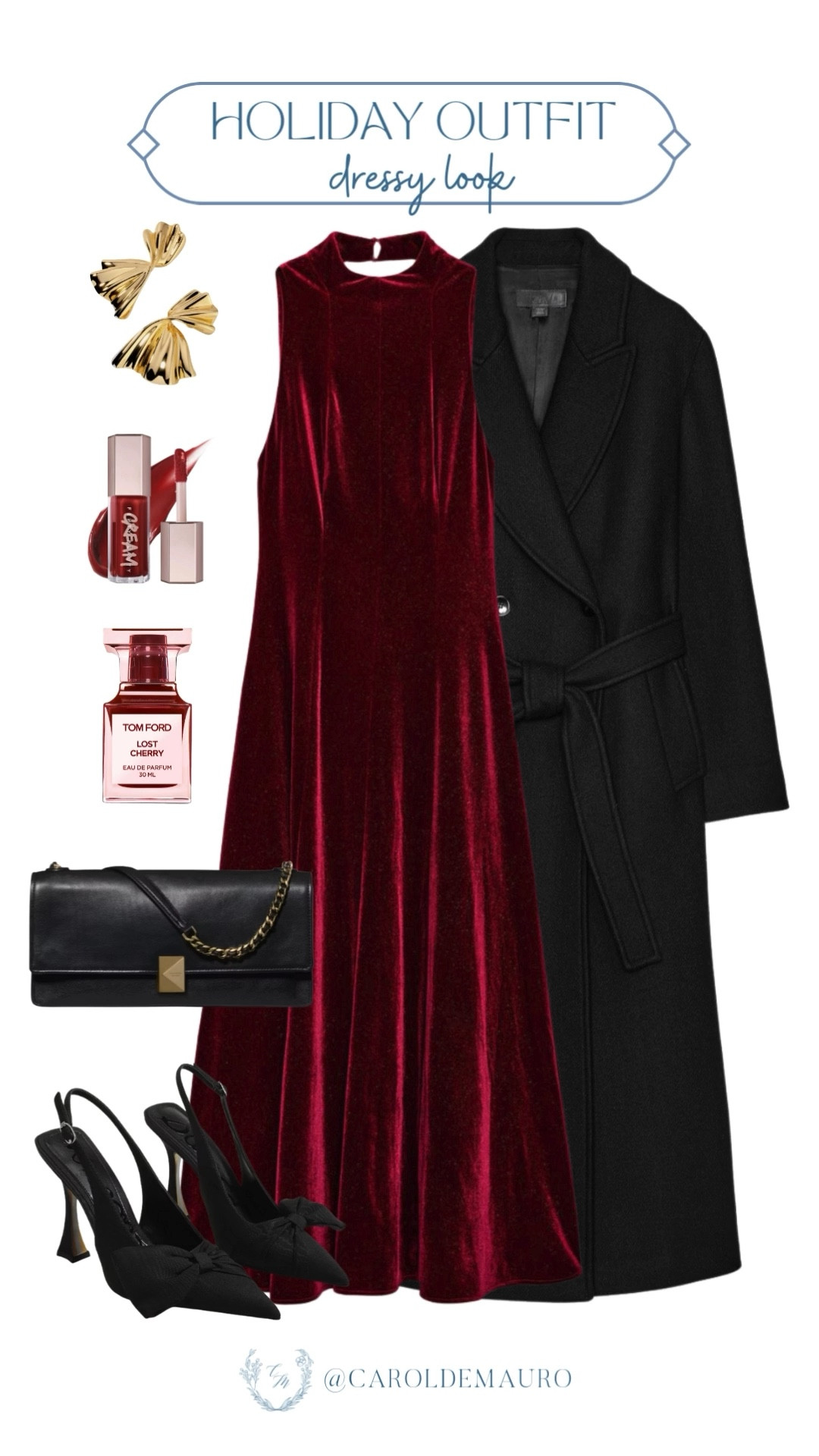 Get ready to turn heads at your next holiday party with this dressy look! Pair that gorgeous velvet dress and coat with your favorite slingbacks and gold accessories for an instantly festive vibe.

holiday outfit, christmas party, elegant style, winter fashion inspo, red and black, timeless look, party dress, cherry red

#LTKSeasonal #LTKBeauty #LTKU