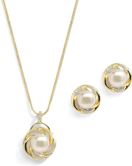 Mariell Freshwater Pearl Gold Wedding Necklace Earrings Set for Brides, Bridesmaids, Birthday Gif... | Amazon (US)