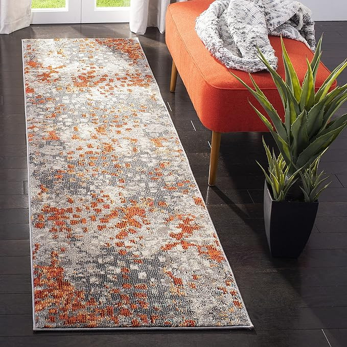 SAFAVIEH Monaco Collection 2'2" x 10' Grey/Orange MNC225H Boho Chic Abstract Watercolor Non-Shedd... | Amazon (US)