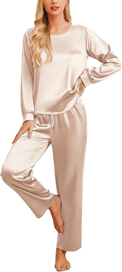 Ekouaer Womens Satin Silky Pajama Set Long Sleeve Top with Long Pajama Pant Set Soft PJ Loungewea... | Amazon (US)