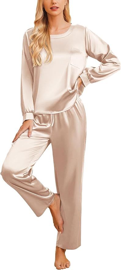 Ekouaer Womens Satin Silky Pajama Set Long Sleeve Top with Long Pajama Pant Set Soft PJ Loungewea... | Amazon (US)
