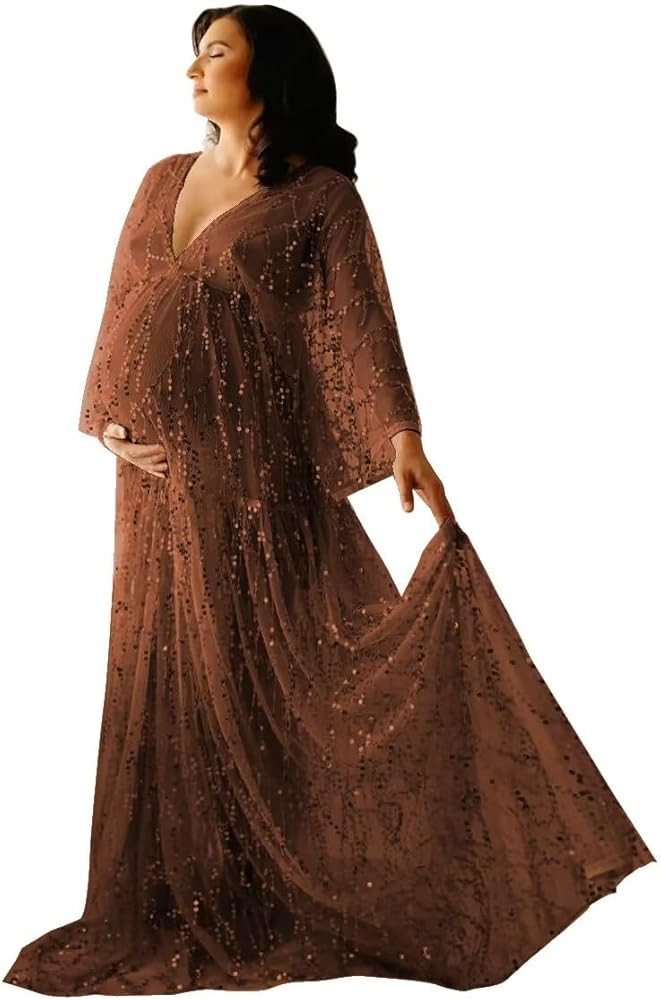 Sequin Maternity Dress for Photoshoot Boho Long Sleeve Lace Photoshoot Pregnancy Gowns Baby Showe... | Amazon (US)