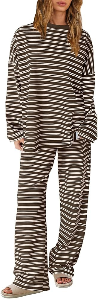 SENSERISE Womens Striped Lounge Set 2 Piece Outfits Striped Long Sleeve Shirt Wide Leg Pants Paja... | Amazon (US)