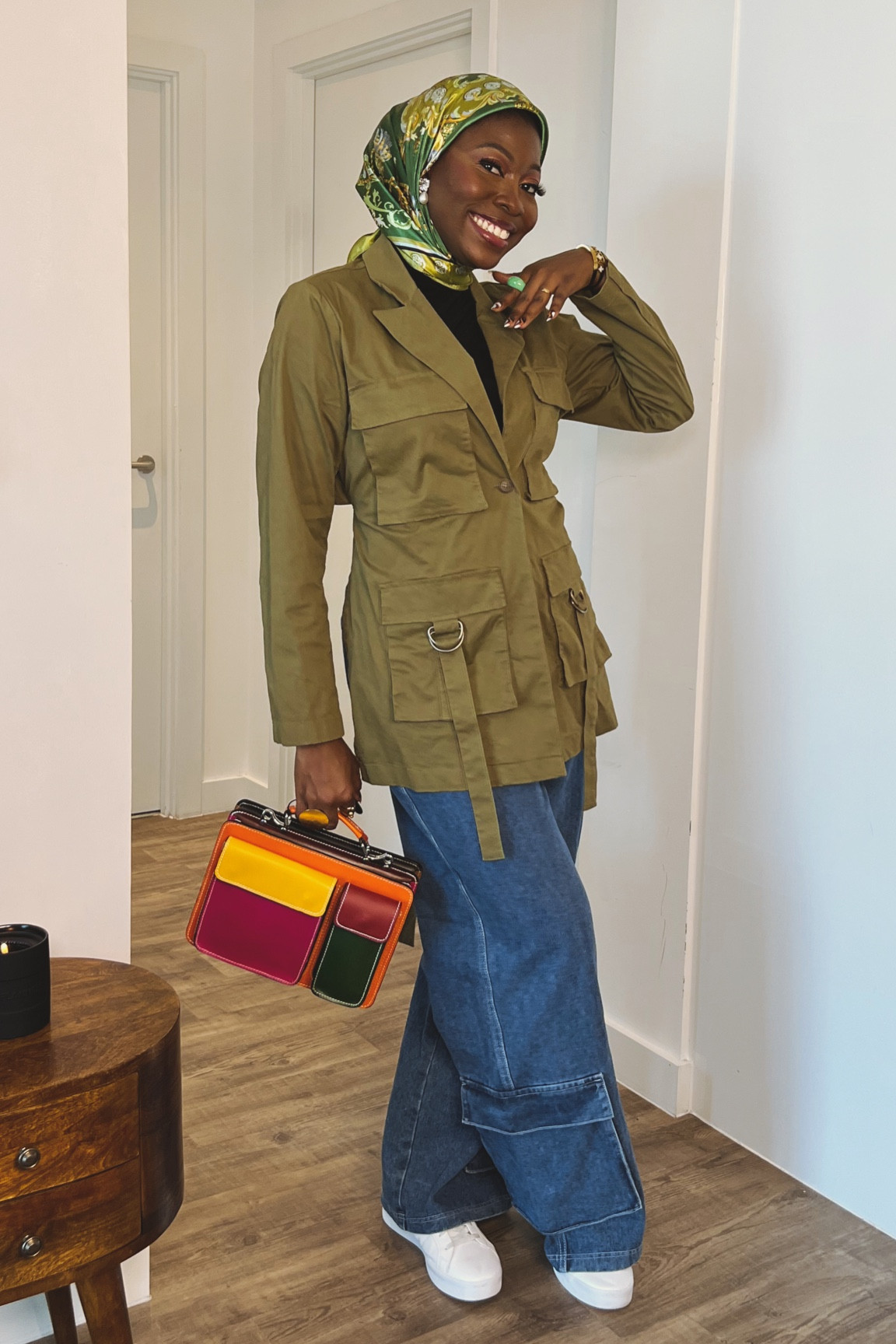 Cargo jeans, utility jacket, green jacket, white sneakers, fashion , style 