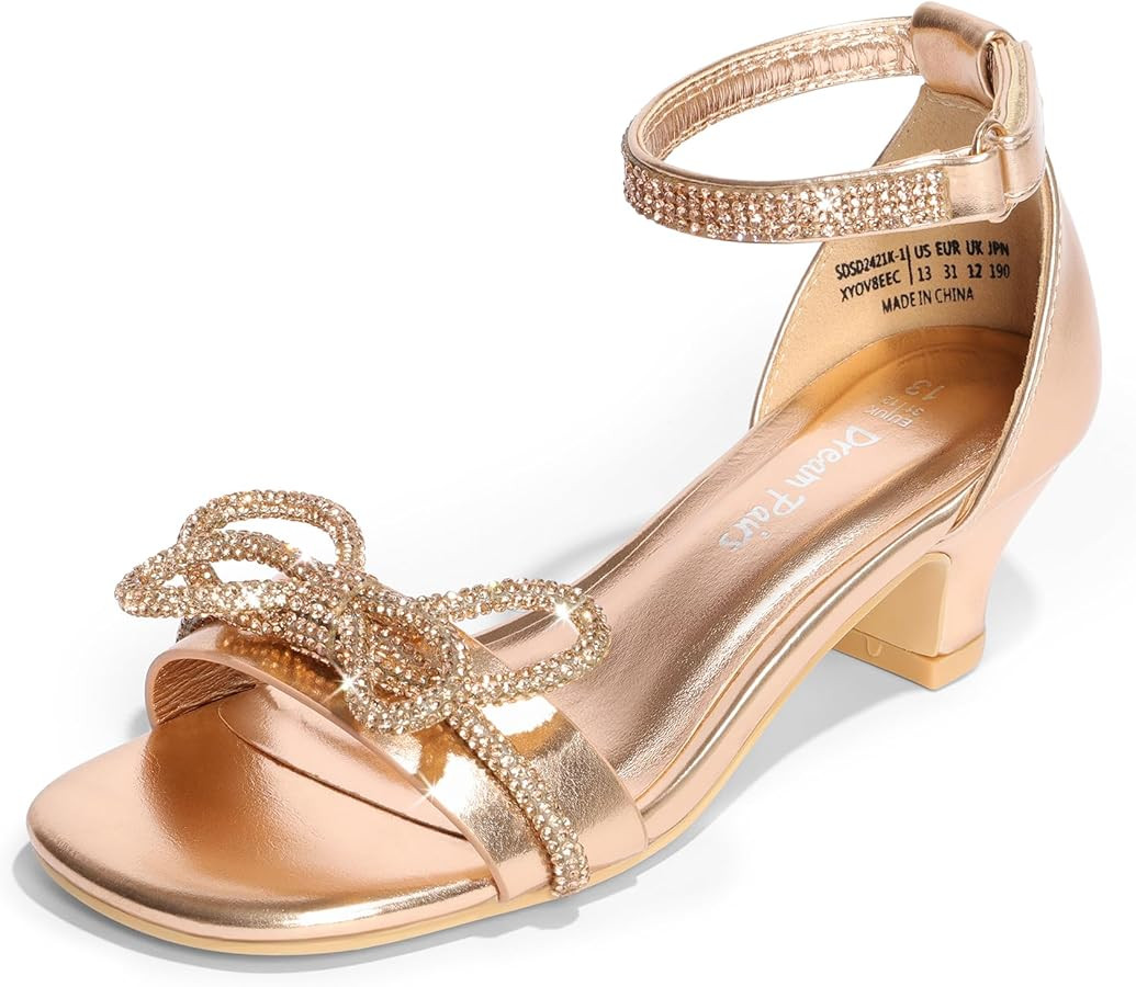 DREAM PAIRS Girls Sandals Ankle Strap Square Toe Low Heel Bow Flower Dress Shoes | Amazon (US)