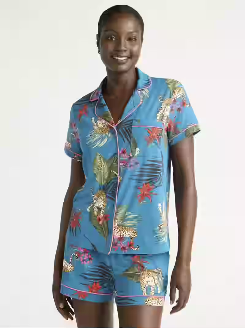 Joyspun Women’s Dreamy Soft Collection Short Sleeve Knit Notch Collar Top and Shorts Pajama Set... | Walmart (US)