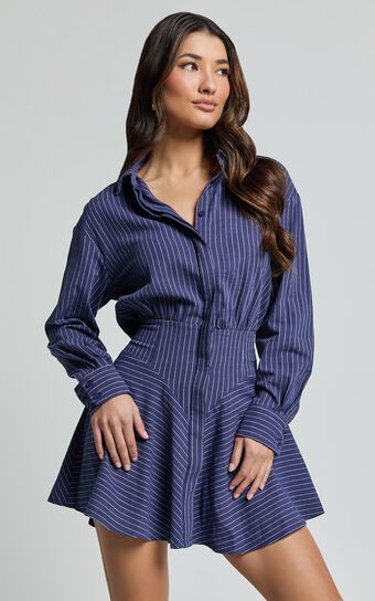 Whitney Mini Dress - Linen Look Long Sleeve Shirt Dress in Navy | Showpo (US, UK & Europe)