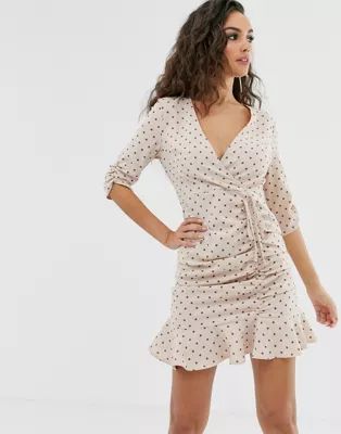 Outrageous Fortune ruched tie front mini skater dress with fluted hem in pink polka print | ASOS US