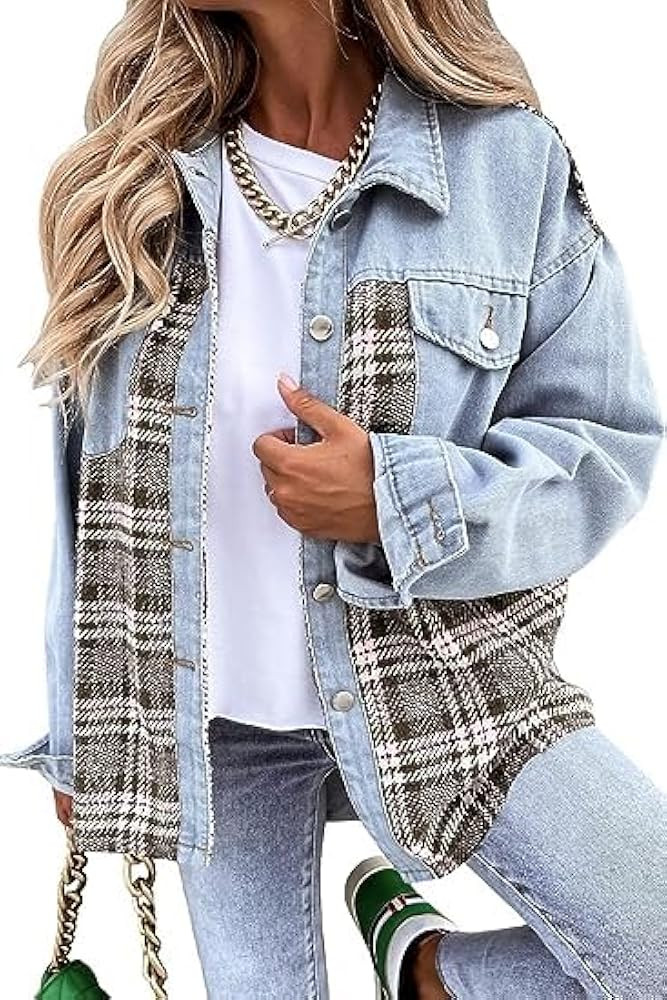 SHEWIN Women's Denim Jacket Long Sleeve Plaid Button Down Shacket Jacket | Amazon (US)