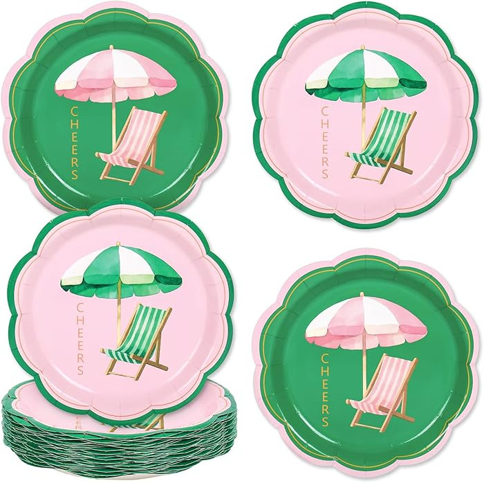 JarThenaAMCS 40 Pcs Palm Beach Cabana Paper Plates Pink Green Beach Chair Disposable Scalloped Pl... | Amazon (US)