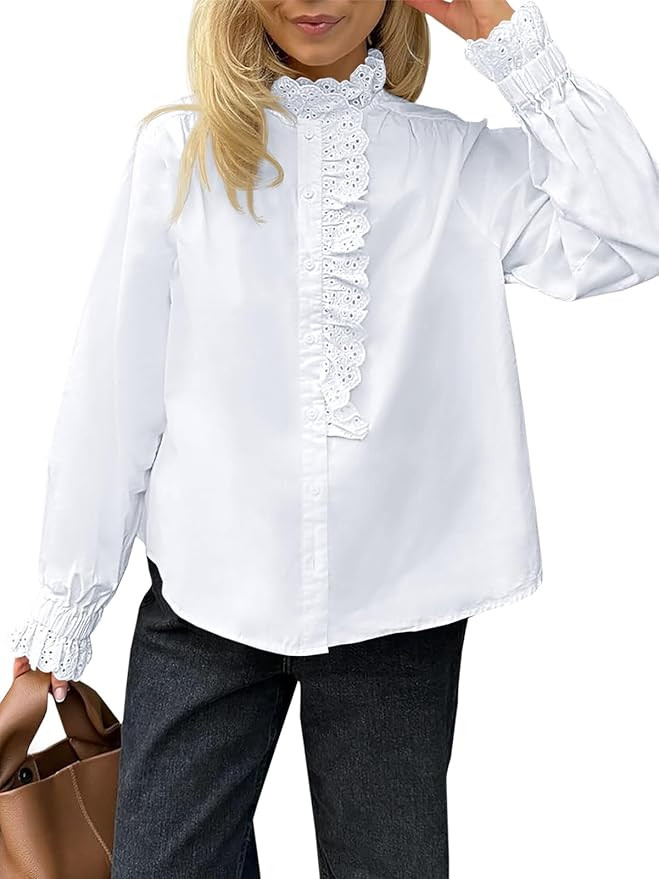 Cicy Bell Womens Lace Trim Button Down Shirts Cotton Ruffle Long Sleeve Dressy Casual Blouse Fall... | Amazon (US)