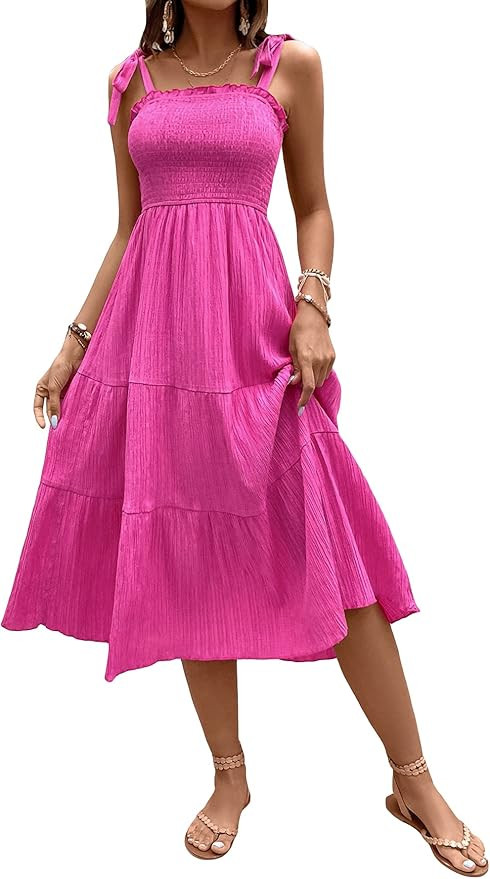 MakeMeChic Women's Summer Boho Dress Floral Print Spaghetti Strap Square Neck Shirred Maxi Dress ... | Amazon (US)