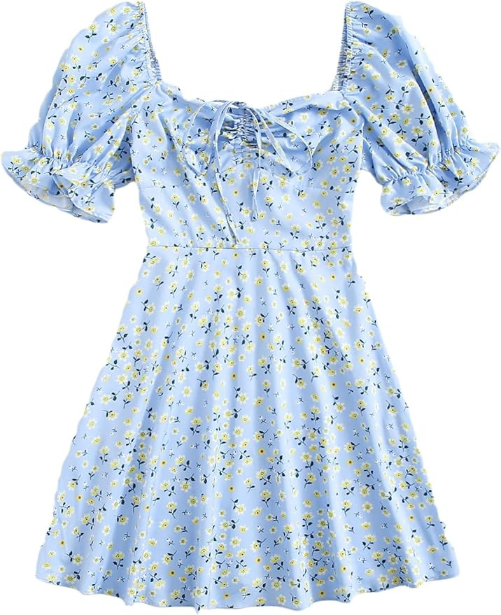 Floerns Women's Summer Drawstring Sweetheart Neck Puff Sleeve A Line Short Dress | Amazon (US)