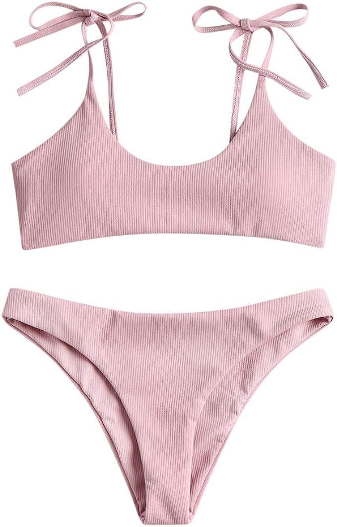 ZAFUL Women's Solid Tie Shoulders Ribbed Two Piece Bikini Set Swimwear(C-Light Pink,L) | Amazon (US)