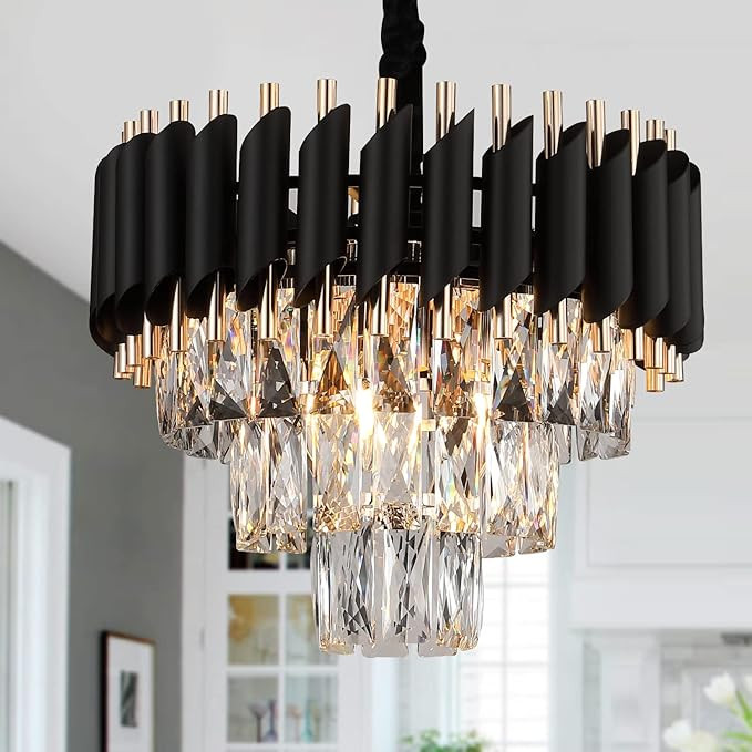 A AXILIXI Modern Crystal Chandeliers 3 Tiers Black and Gold Pendant Light Fixtures 16” Round Fl... | Amazon (US)