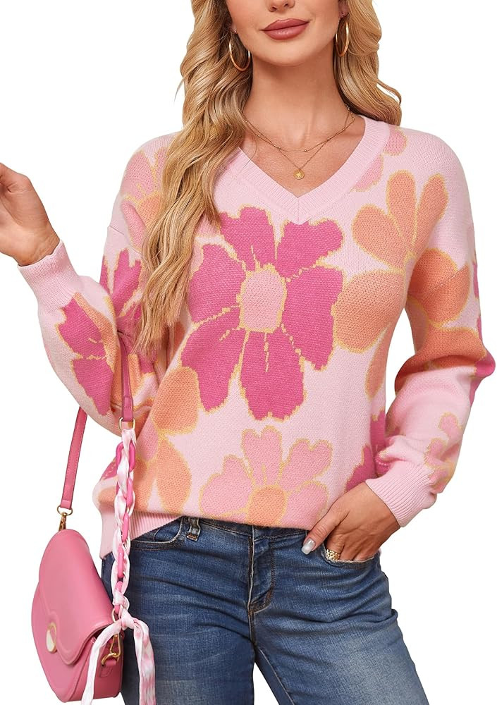 Angashion Womens Sweaters Flower Print - Crewneck Knitted Long Sleeve Sweaters Fall Winter Pullov... | Amazon (US)