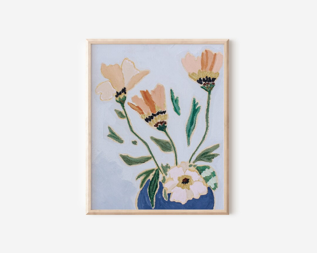 Bouquet Art Print, Blue Pastel Wall Art, Poppies Wall Art, Spring Flowers Print, Pink and Orange ... | Etsy (US)