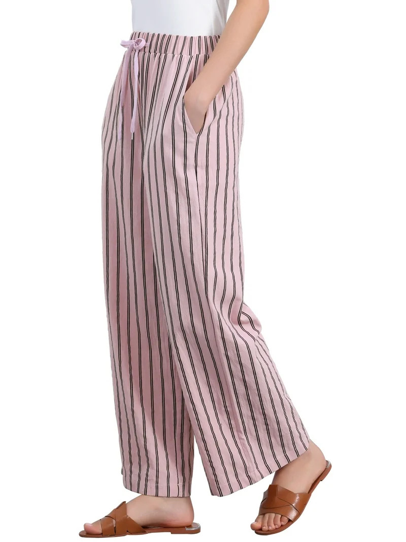 INSPIRE CHIC Women's Casual Drawstring Stripe Pants Wide Leg High Waist Cotton Loose Pants M Pink | Walmart (US)