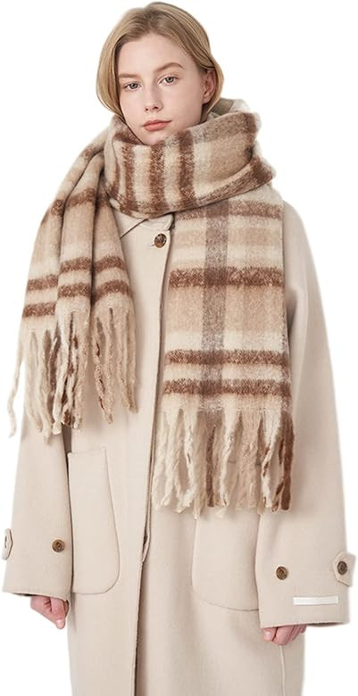 Women's Chunky Plaid Scarf Cashmere Wool Checkered Oversized Scarf Soft Warm Fall Winter Thick Pa... | Amazon (US)