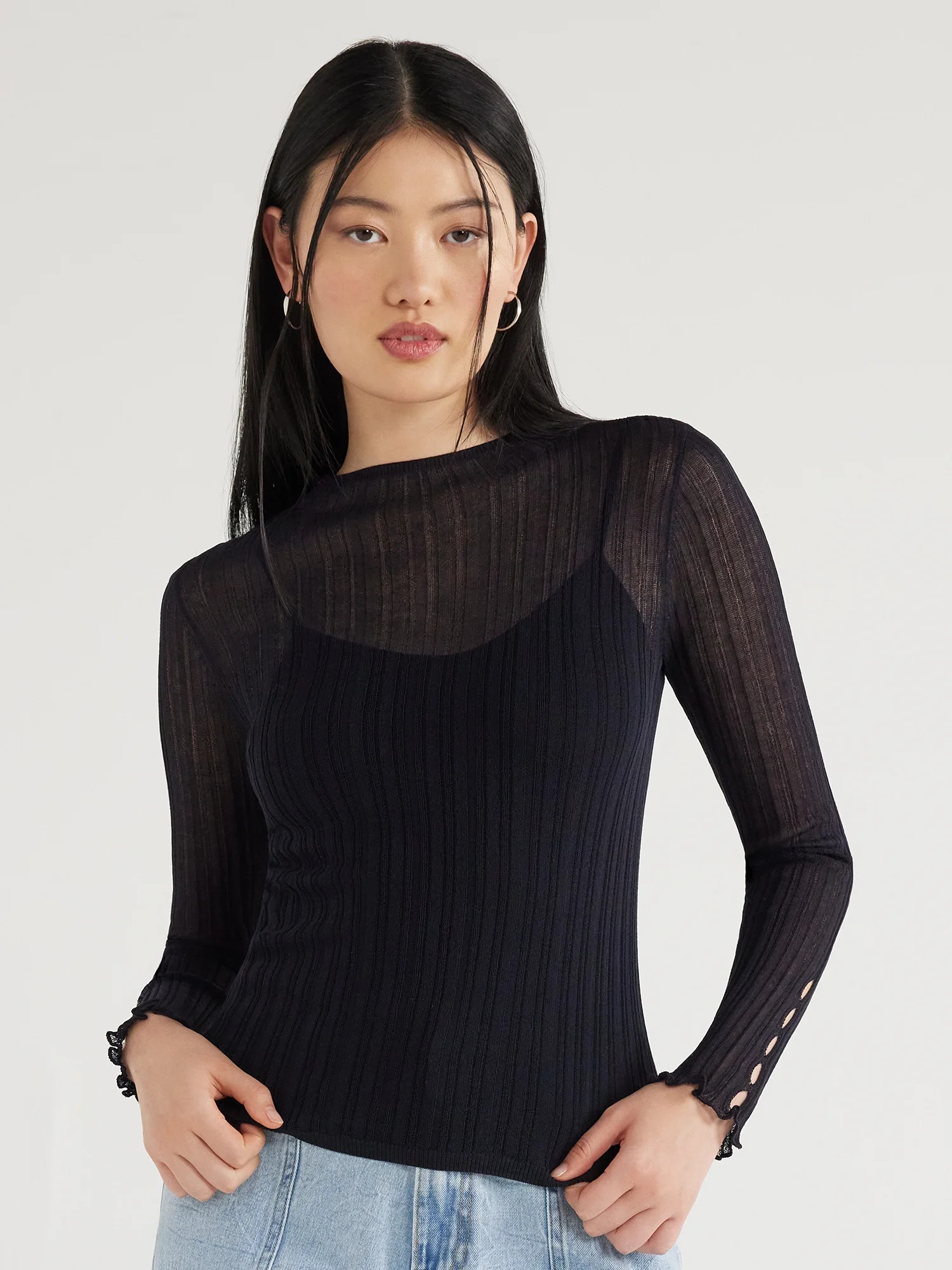 Scoop Women's Sheer Long Sleeve Sweater with Lining, Sizes XS to XXL - Walmart.com | Walmart (US)