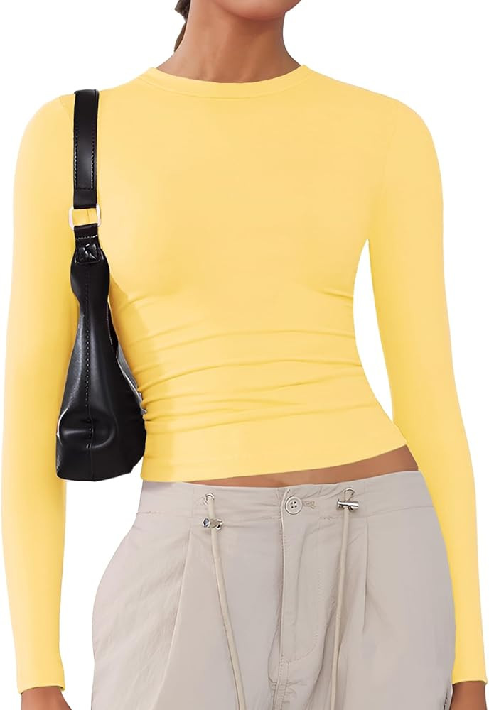Women's Soft Long Sleeve Shirts Crew Neck Tops Basic Tees Stretchy Going Out Crop Tops Y2K Slim F... | Amazon (US)