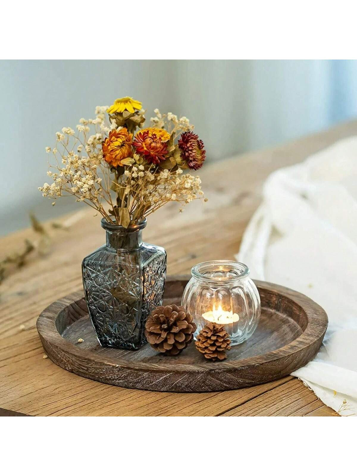 1PC Rustic Wood Tray Candle Holder Small Decorative Plate Pillar Candle Tray For Farmhouse Coffee... | SHEIN
