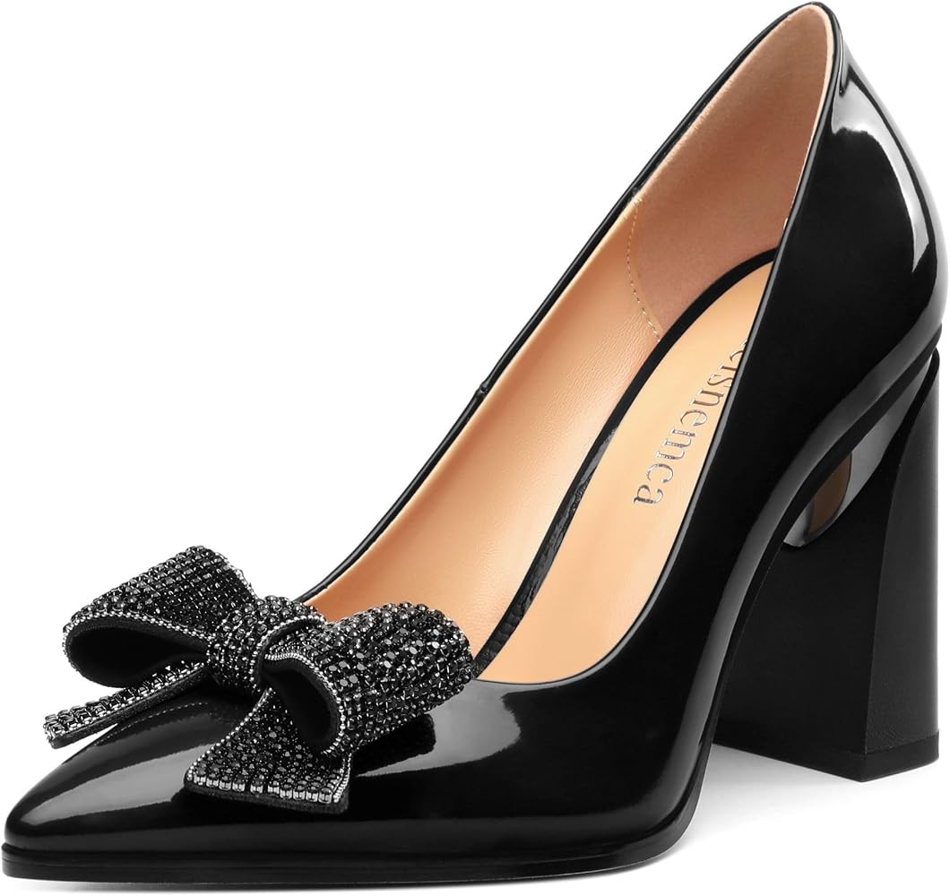 Womens Chunky Block High Heels Patent Closed Pointed Toe Bow Pumps Slip on Heels Wedding Party Dr... | Amazon (US)
