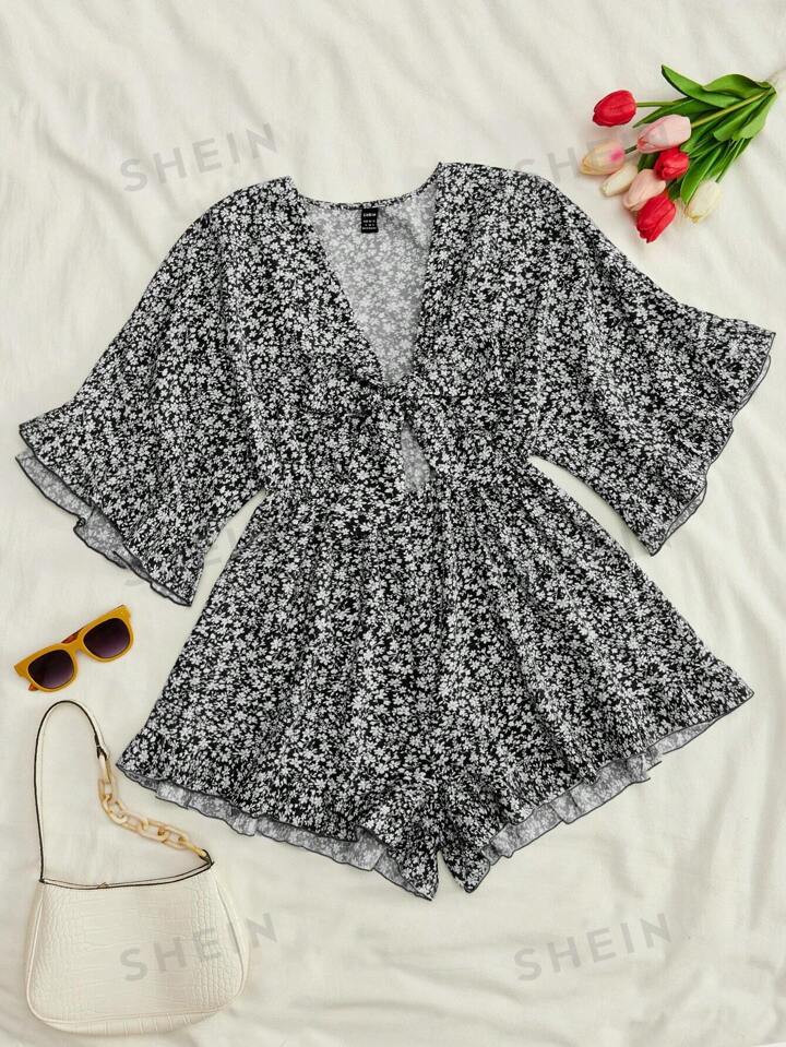 SHEIN VCAY Ditsy Floral Print Knot Front Ruffle Hem Romper | SHEIN