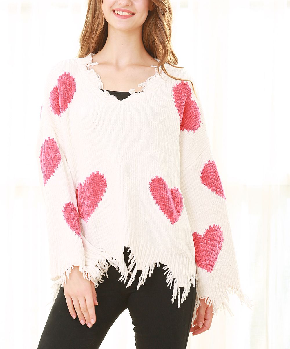 Simply Couture Women's Cardigans WHITE - White & Red Hearts Distressed Tunic Sweater - Women & Plus | Zulily