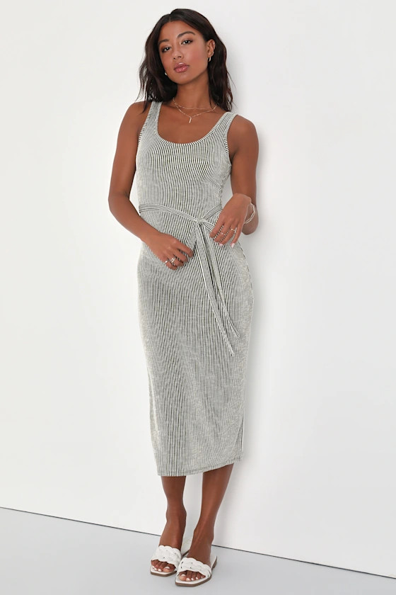 Summer Perfection Olive and Ivory Striped Ribbed Midi Dress | Lulus