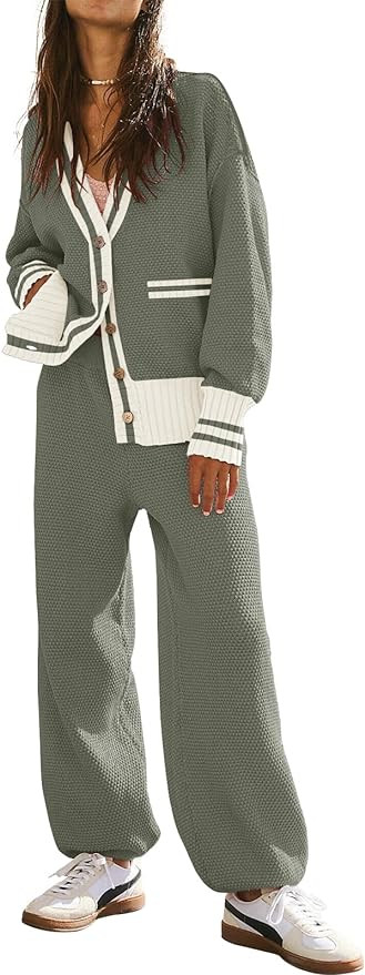 ETCYY NEW Women's 2 Piece Outfit Lounge Set Trendy Cardigan Sweater Pants Sets V Neck Button Pock... | Amazon (US)