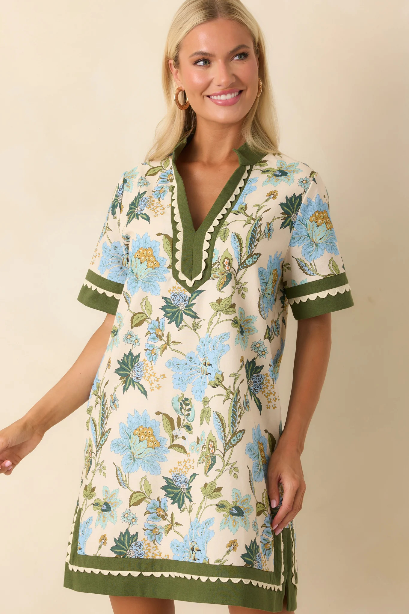 Quiet Radiance Green Multi Floral Print Cotton Mini Dress | Red Dress