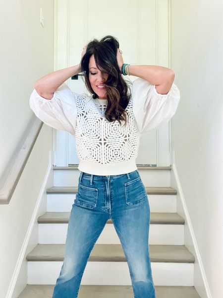 How pretty is this white crocheted top?!!  I added more cute statement tops in white below⬇️
New jeans by mother - the front pockets are so cute 

#LTKtravel #LTKFestival #LTKover40