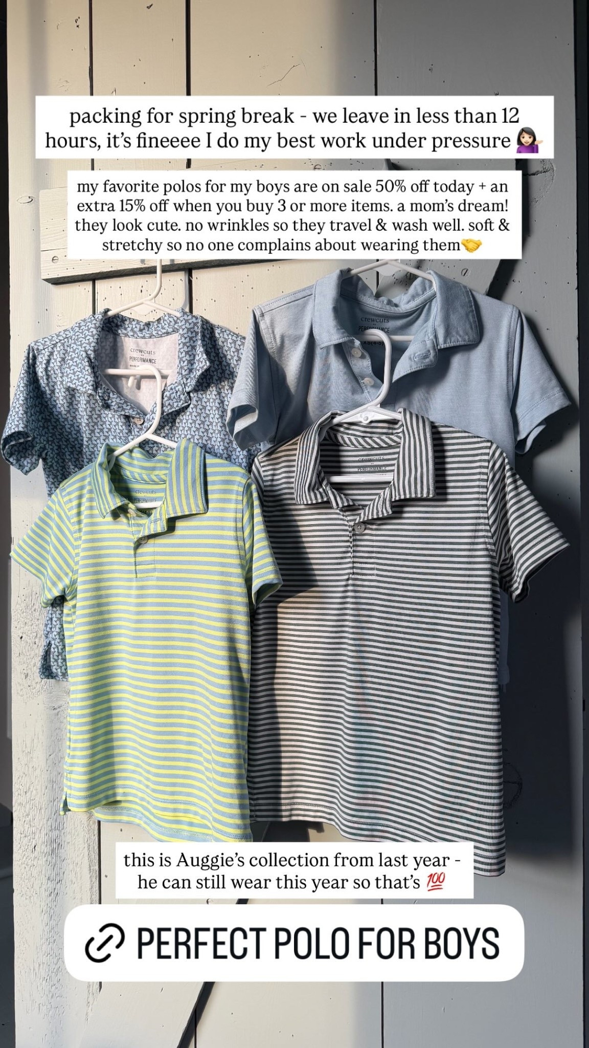 packing for spring break - we leave in less than 12 hours, it’s fineeee I do my best work under pressure 💁🏻‍♀️ my favorite polos for my boys are on sale 50% off today + an extra 15% off when you buy 3 or more items. a mom’s dream! they look cute. no wrinkles so they travel & wash well. soft & stretchy so no one complains about wearing them🤝 this is Auggie’s collection from last year - he can still wear this year so that’s 💯

#LTKTravel #LTKKids #LTKSaleAlert