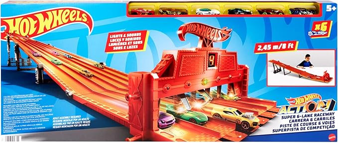 Hot Wheels Toy Car Playset with Lights, Sounds & 6 1:64 Scale Vehicles, Super 6-Lane Raceway, 8-f... | Amazon (US)