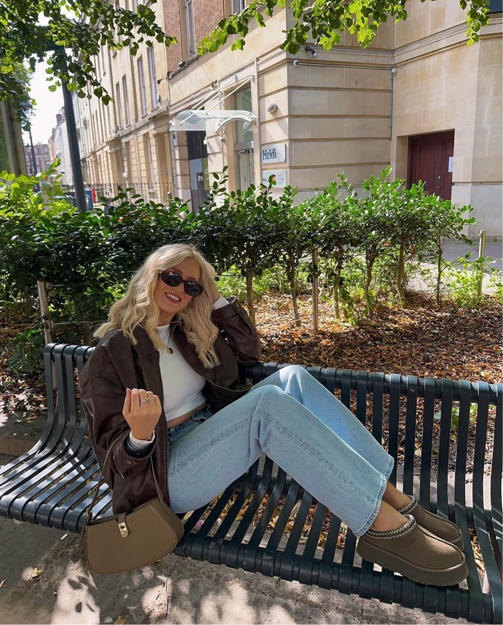 Brown leather bomber jacket and Ugg tazz 🤎