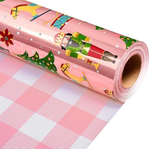 Burymento Pink Christmas Wrapping Paper, Reversible Pink Nutcracker and Christmas Tree Design Gif... | Amazon (US)