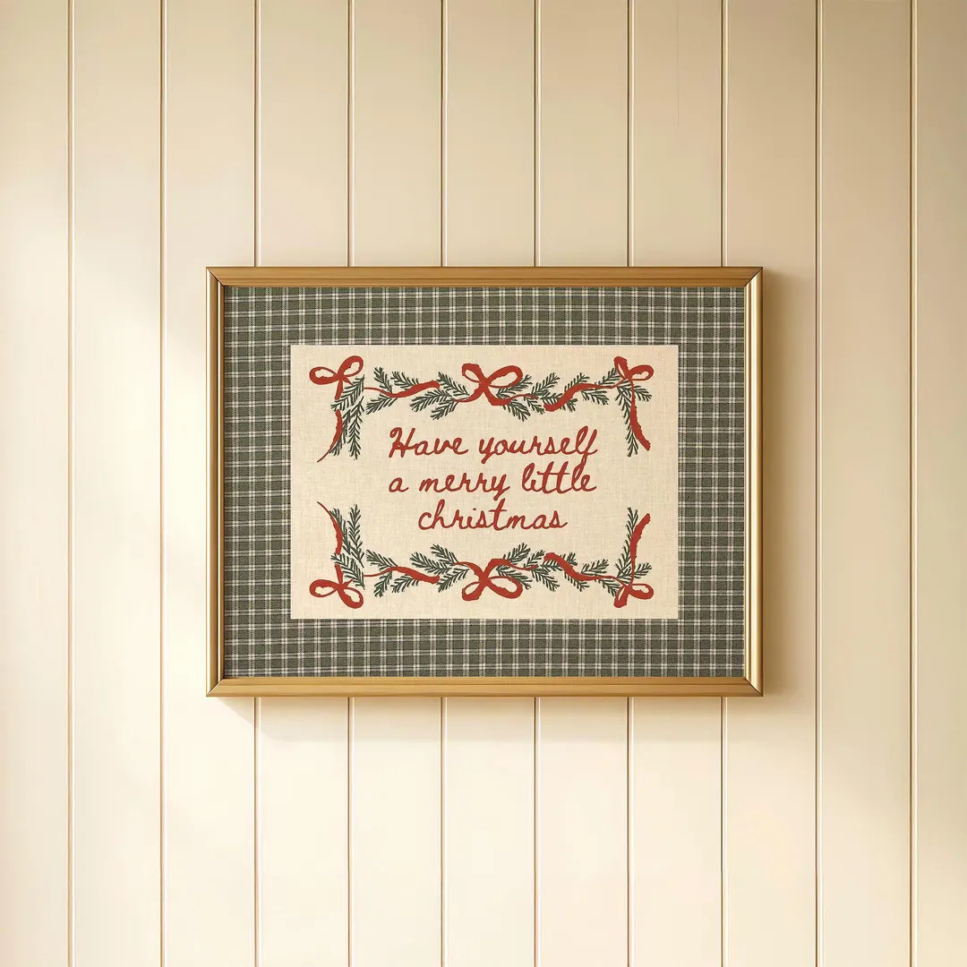 Merry Little Christmas Quote Print | Vintage Gingham Plaid Holiday Wall Art | Country Cottage Coz... | Etsy (US)