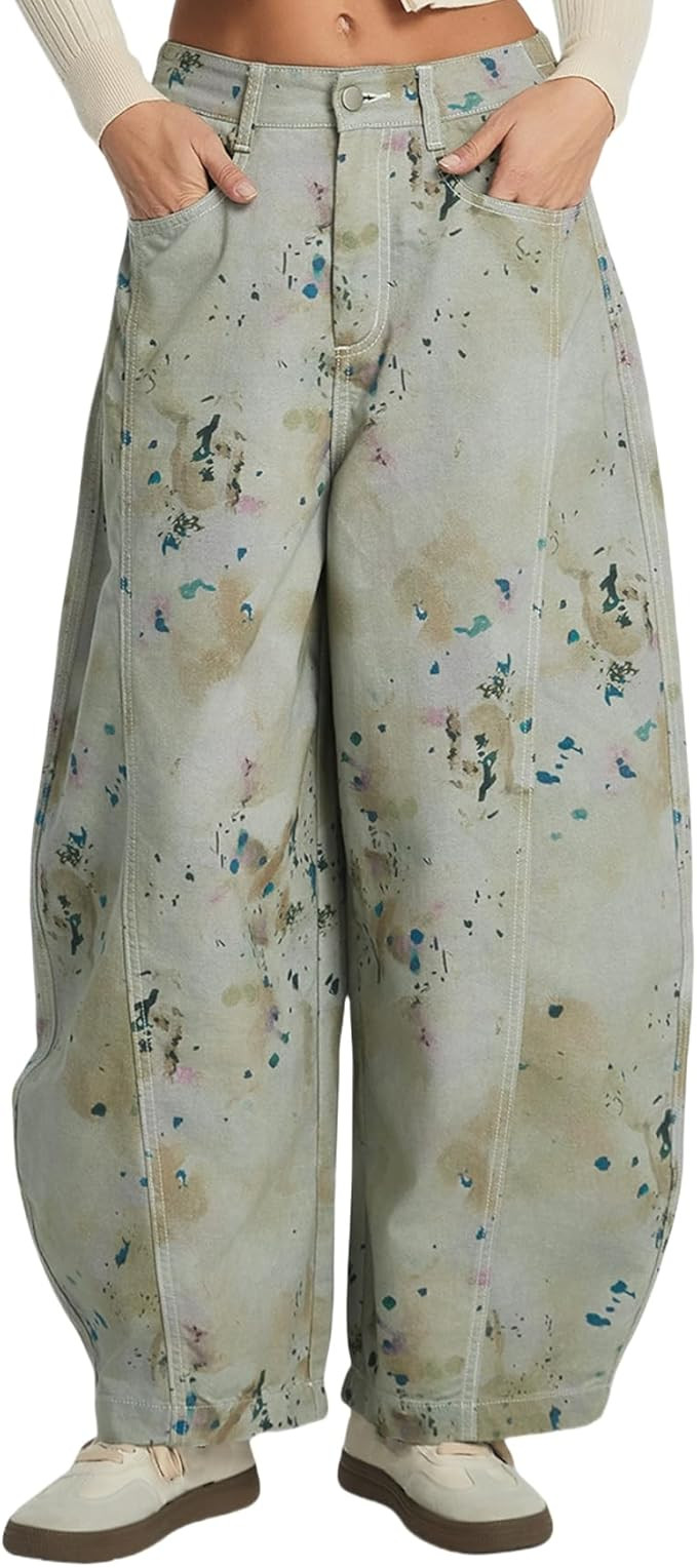 Women's Printed Baggy Barrel Jeans High Waisted Wide Leg Denim Pants | Amazon (US)