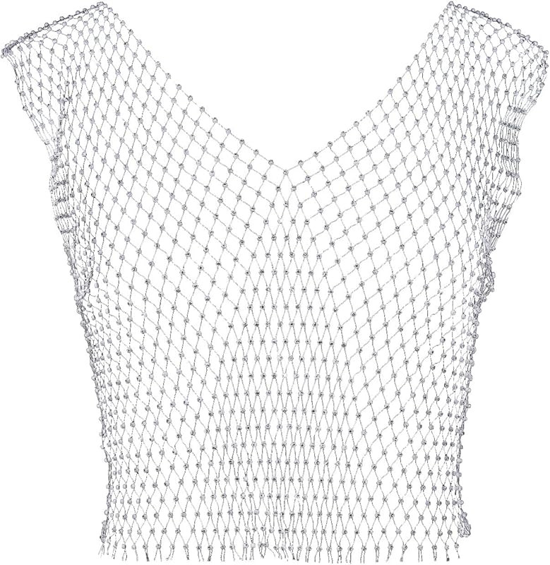 YQC Women's Sleevess Rhinestone Mesh Top -Glitter Crystal Sexy Fishnet Tops V-neck Tank -See Through | Amazon (US)