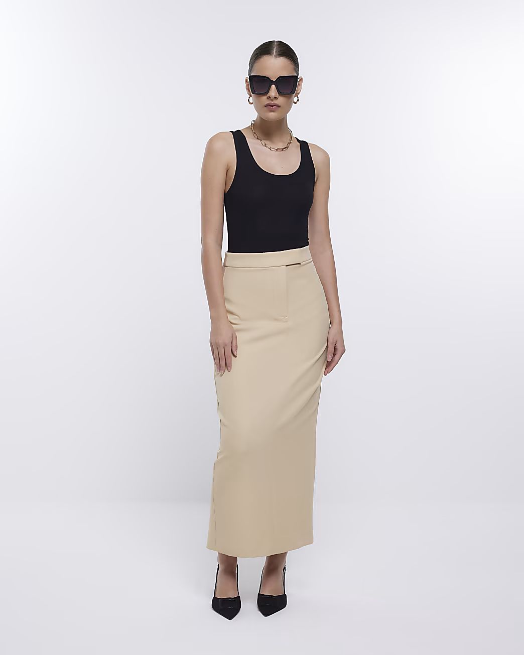 Beige pencil tailored maxi skirt | River Island (UK & IE)