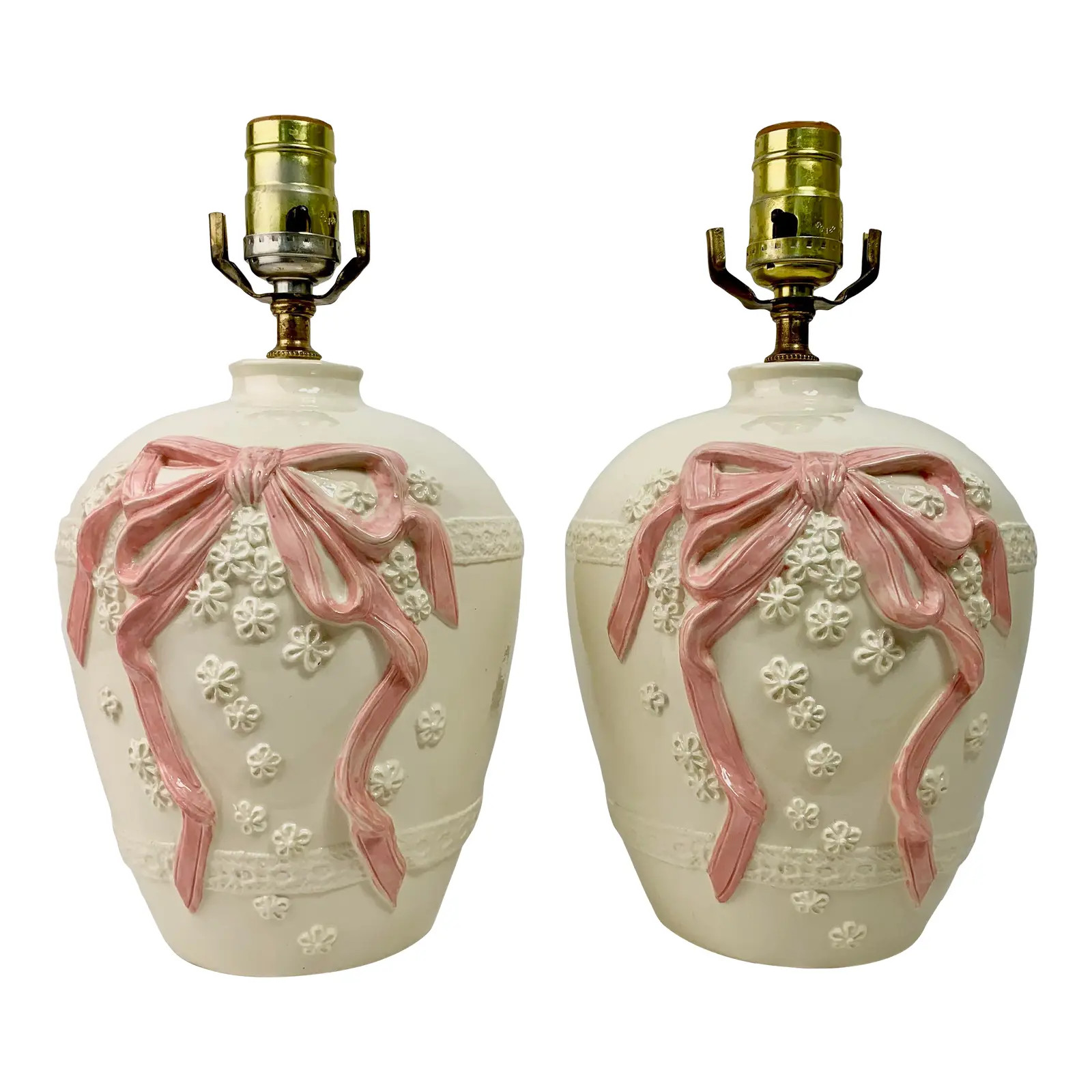 Pair of Vintage Ceramic Table Lamps With Ribbon Bow and Flowers | Chairish