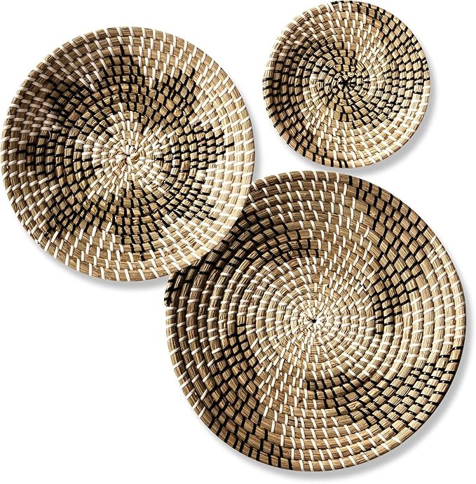 Set of 3 Decorative Wall Basket - Boho Hand Woven Rattan Hanging Decor Round Flat Wicker Baskets ... | Amazon (US)