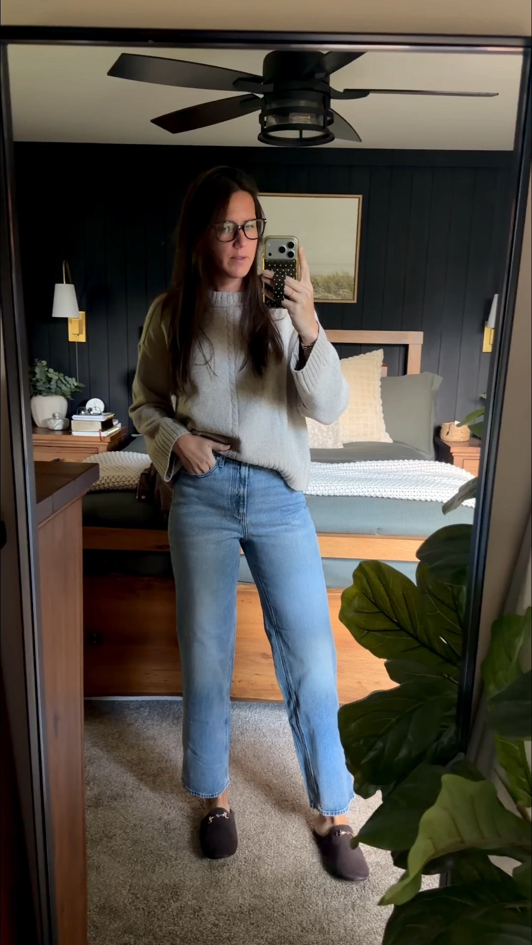 My jeans and sweater are on sale today! I guess the jacket isn’t included in the sale. 

Sweater - large
Jeans - 4 regular in the dark wash 
Jacket - small