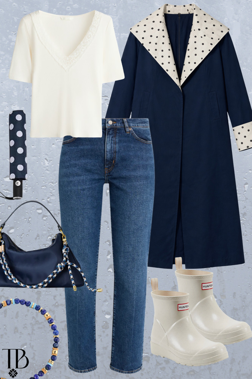Chic rainy day style ☔️ Navy and white keep things classic with this polka dot raincoat, simple V-neck tee, and straight-leg jeans. Finished with waterproof rain boots, a navy handbag, and a compact umbrella for the perfect stylish rainy day outfit that’s practical and polished.
#rainydayoutfit #rainydaystyle #ltkstyle #everydayoutfit #classicstyle #rainboots 

 