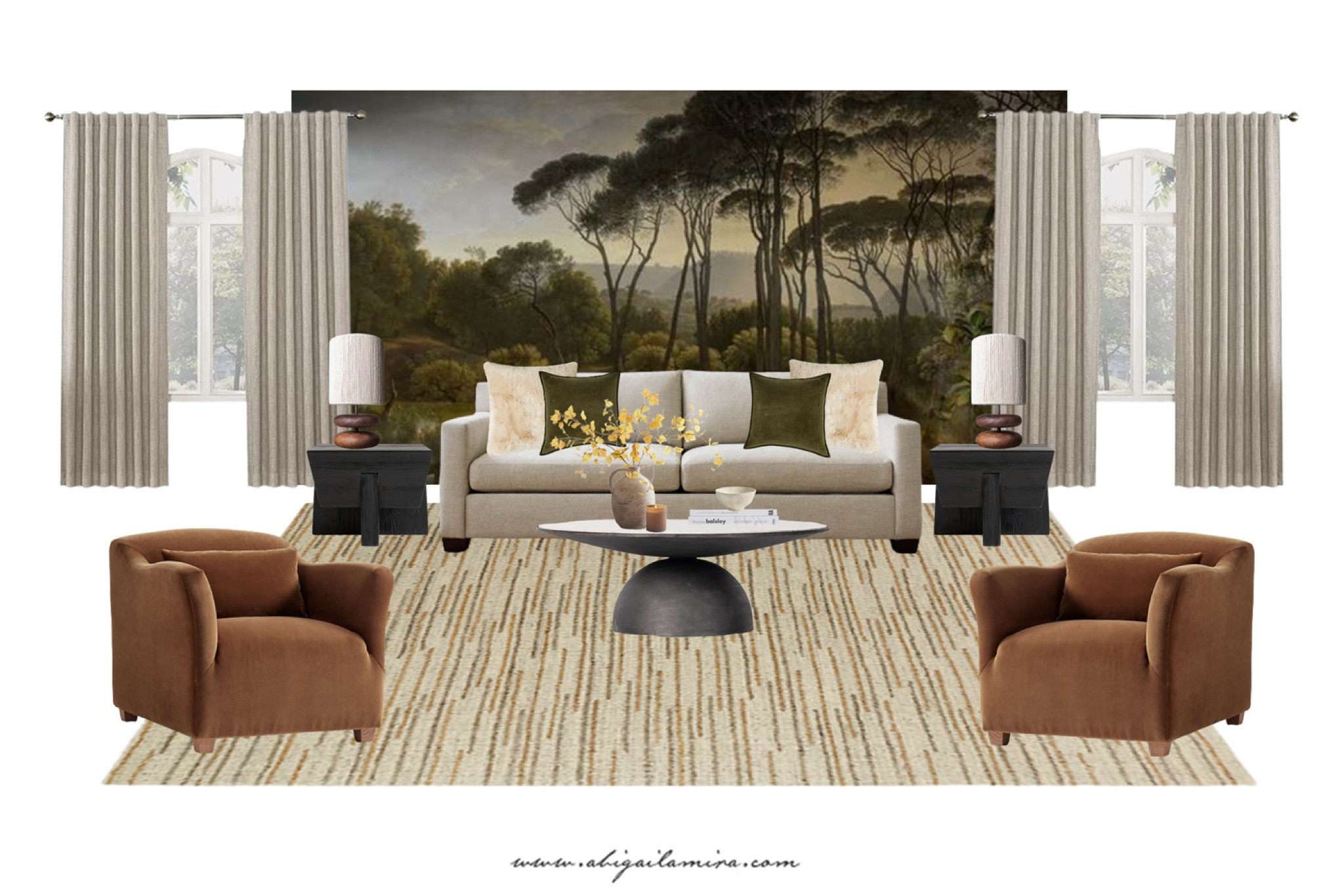 This week I found this gorgeous wallpaper on Etsy so I wanted to create a living room design around it. I wanted the space to feel casual and inviting but still elevated. I used contrast to draw attention and provide lots of interest. A family-friendly neutral sofa is paired with luxe velvet chairs with sloping arms. The bold side tables play nicely with the sculptural curves of the coffee table. A patterned rug anchors the space and pulls the palette together.

#LTKSeasonal #LTKstyletip #LTKhome