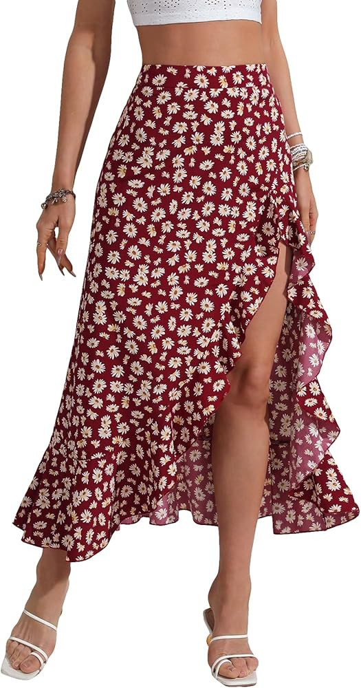 MakeMeChic Women's Boho Floral High Waisted Ruffle Skirt Split Thigh Swing Summer Maxi Long Skirt | Amazon (US)