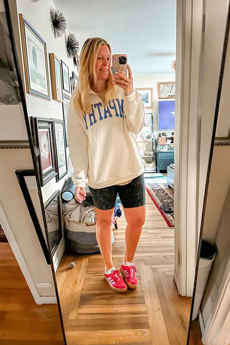 Biker shorts and layering the top with a tee and sweatshirt for the cooler mornings. 

top s/m
biker shorts medium 
shoes 7.5



#LTKOver40 #LTKStyleTip #LTKU