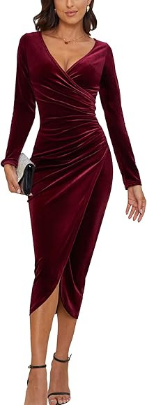 CYiNu Women's V Neck Wrap Velvet Long Sleeve Elegant Bodycon Ruched Cocktail Party Maxi Dress | Amazon (US)